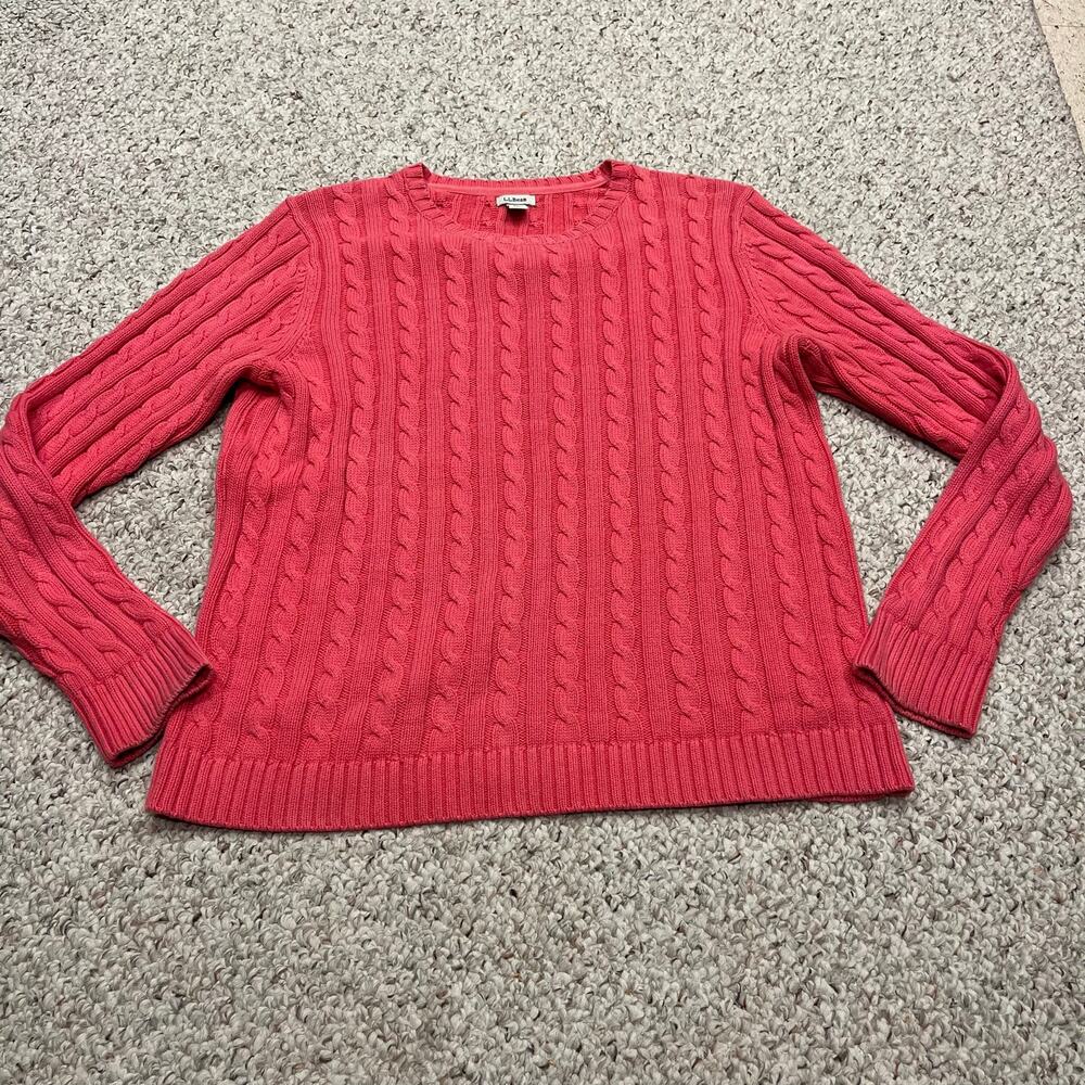 LL Bean Cable Knit Cotton Crewneck Sweater L Pink Preppy Classic Casual